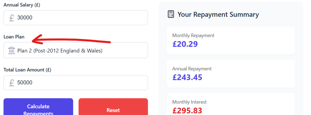 student loan repayment calculator select your plan